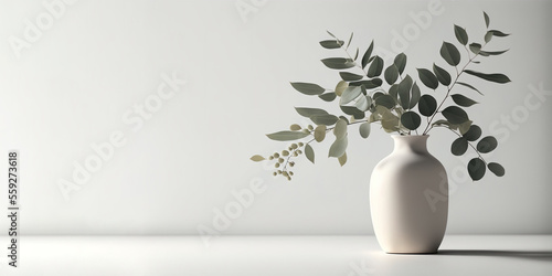 Green eucalyptus leaves in ceramic vase on white table. Front view, empty wall background. Place for text, copy space, empty space. Generative AI photo