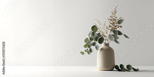 Green eucalyptus leaves in ceramic vase on white table. Front view, empty wall background. Place for text, copy space, empty space. Generative AI photo