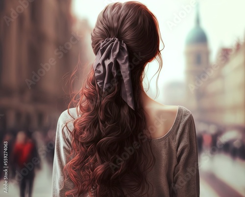 illustration of beautiful woman close up shot from backside with cityscape as background, 