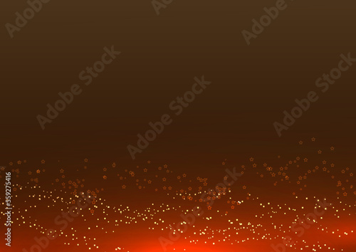 Abstract glitter golden stars and light elements with glowing light on brown background.