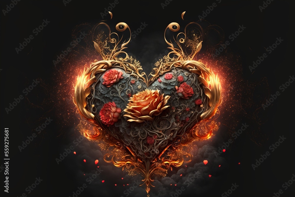Valentine heart with ornate gold patterns and fiery sparks against a dark background, generative AI