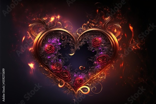 Heart with fancy gold outline and flaming accents  intricate abstract design with purple highlights and roses  generative AI