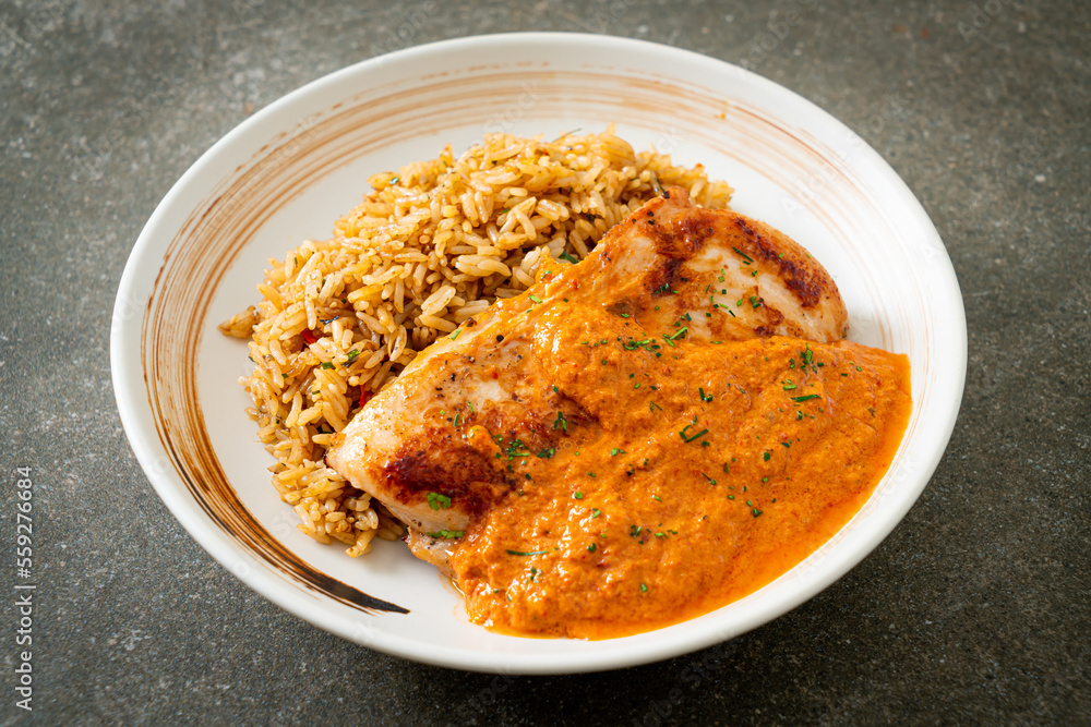 grilled chicken steak with red curry sauce and rice grilled chicken steak with red curry sauce and rice