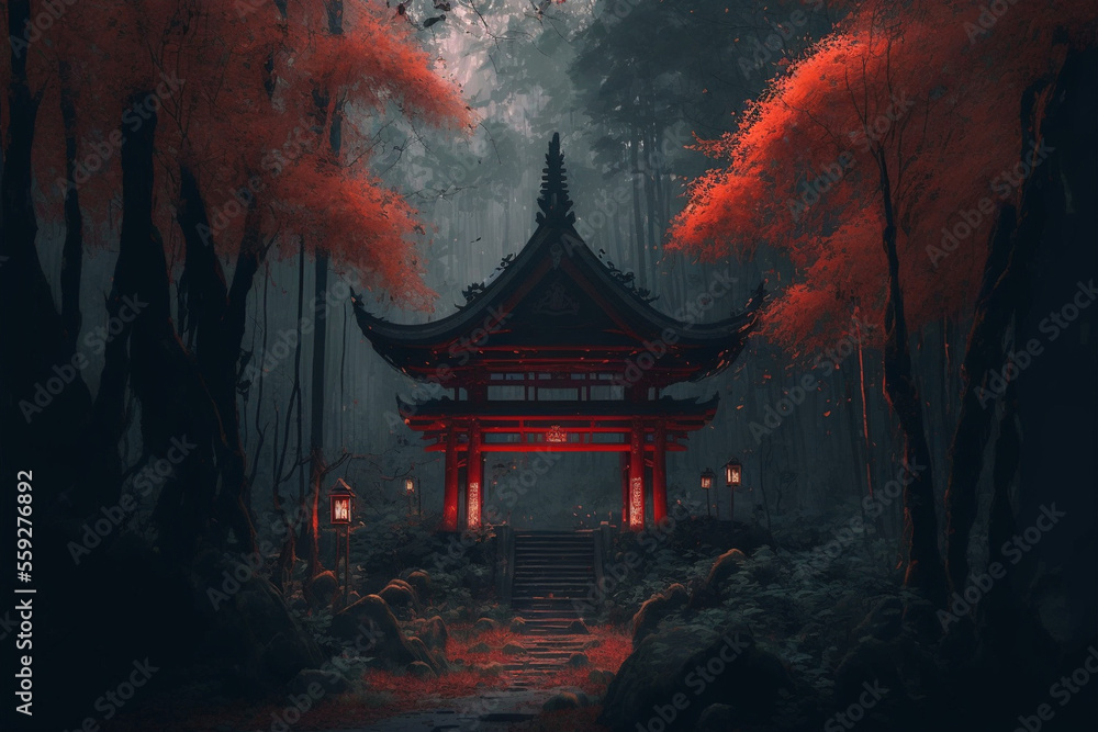 The entrance to the Japanese shrine is in a deep forest, covered with trees With Generative AI The entrance to the Japanese shrine is in a deep forest, covered with trees With Generative AI