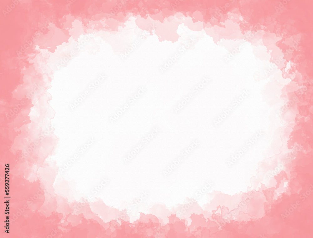 Abstract pink watercolor frame with space on white canvase paper texture background, greeting card background idea