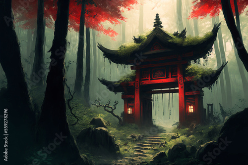 In front of the entrance to the old red Japanese shrine deep in the forest  covered with trees  big trees and red leaves  rocks With Generative AI
