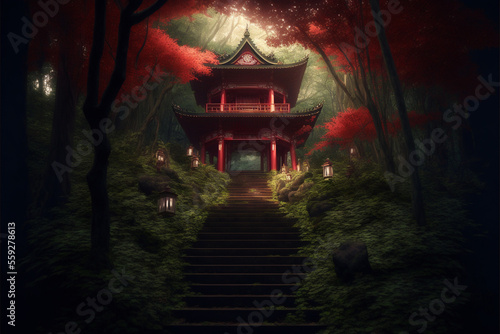 In front of the stairs leading up to the red Japanese shrine in a deep forest, covered with trees, sunlight With Generative AI