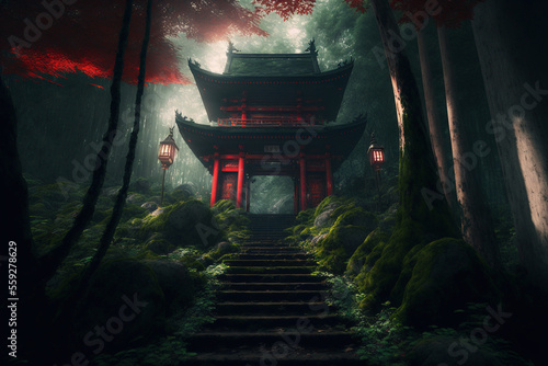 In front of the steps leading up to the red Japanese shrine in a deep forest, huge boulders covered with moss, trees surround the area With Generative AI