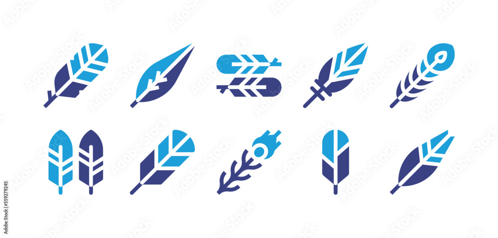 Bird feather icon set. Duotone color. Vector illustration. Containing feather, peacock, feathers, animals.