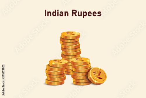 Stack of Indian Rupees gold coins. Realistic 3D gold coins. Ecommerce free credit concept.