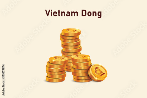 Stack of Vietnam Dong gold coins. Realistic 3D gold coins. Ecommerce free credit concept. photo