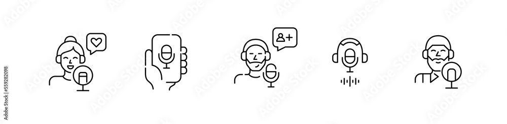 Set of podcast blogger icons. Pixel perfect, editable stroke line designs Set of podcast blogger icons. Pixel perfect, editable stroke line designs