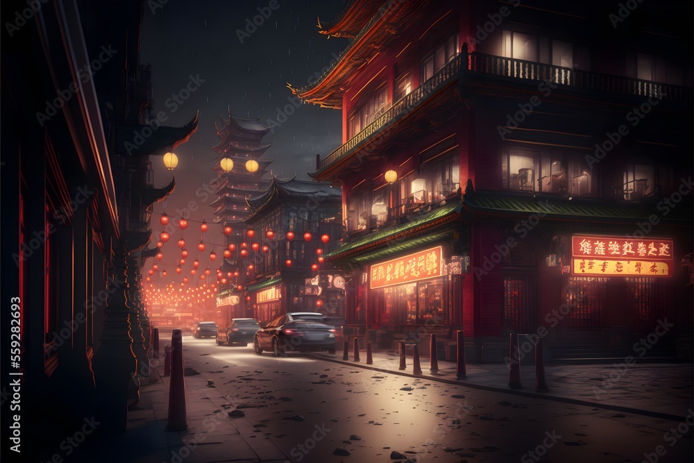 Chinese lantern and chinese temple lights up in chinese lunar year celebration, generative ai