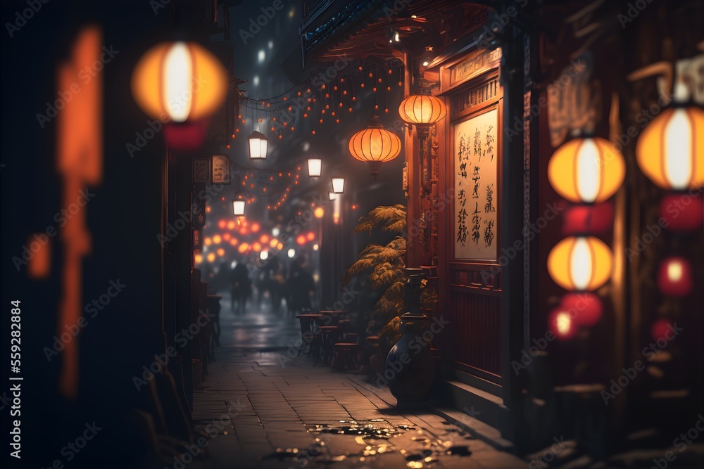 View of a chinese street in a night of chinese new year 2023 celebration, generative ai View of a chinese street in a night of chinese new year 2023 celebration, generative ai