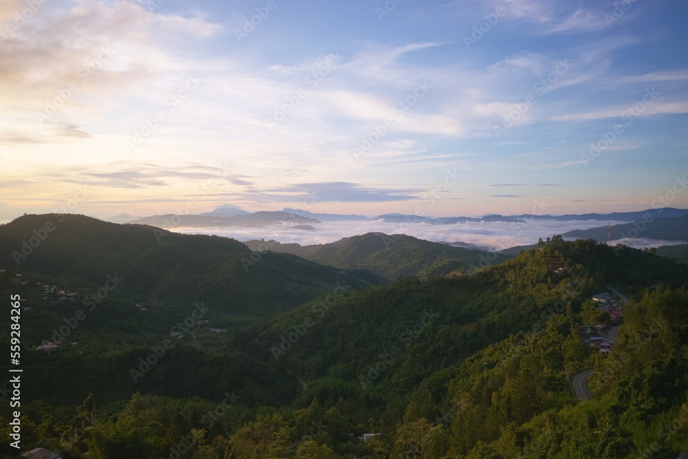 Naklejka premium View of beautiful sunrise at Kundasang, Kota Kinabalu