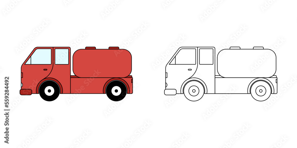 coloring page or book for children. Tanker illustration in a hand-drawn outline style isolated white background