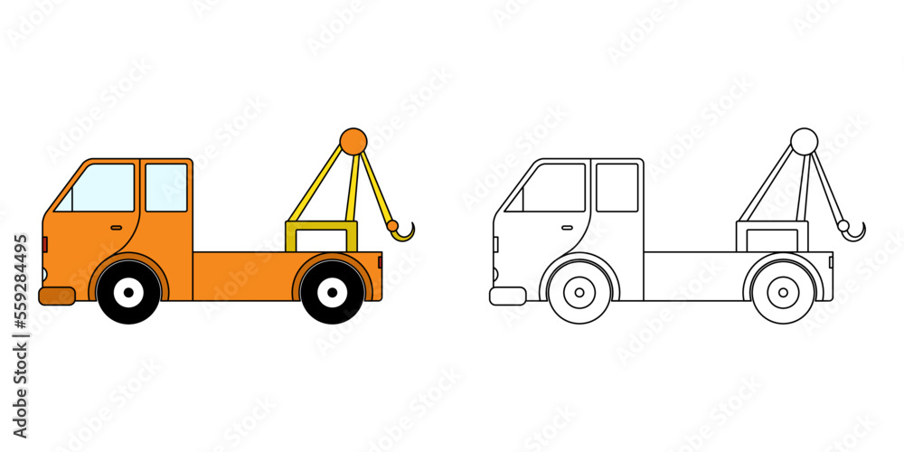 coloring page or book for children. Tow truck illustration in a hand-drawn outline style isolated white background