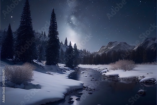 Winter landscape wallpaper with pine forest covered with snow, mountain stream and scenic night sky © surassawadee