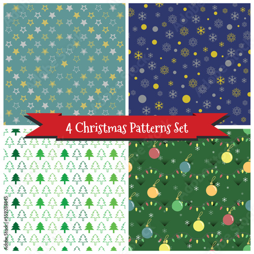 Set of 4 Christmas Patterns, Opaque Yellow and White Stars, Gold and Silver Snowflakes, Variants of Green Pine Trees and Opaque Decorated Christmas Tree with Colored Balls