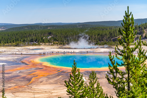 Scenic view of Grand Prismatic Spring in Yellowstone National Park.