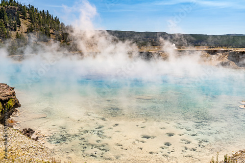 Excelsior Geyser Crater next to the Grand Prismatic Spring, Yellowstone National Park.