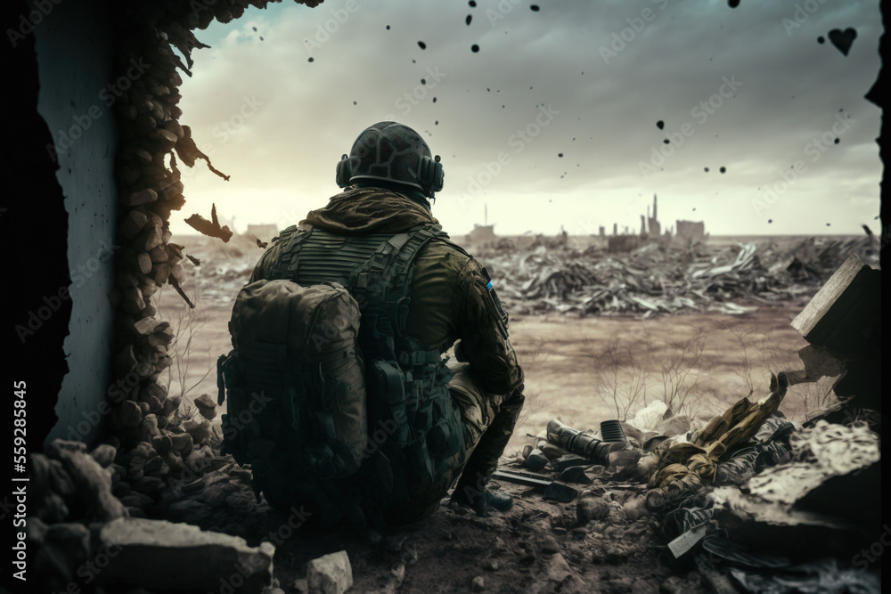 A soldier sitting at a destroyed battlefield, Generative AI A soldier sitting at a destroyed battlefield, Generative AI
