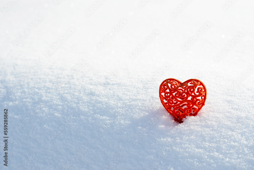 Red heart in snow. Valentines day card, February 14 background. Red frozen heart on white snow background. Velvet Valentine Red heart in snow. Valentines day card, February 14 background. Red frozen heart on white snow background. Velvet Valentine