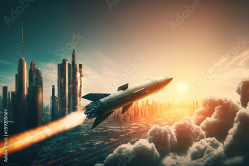 A rocket flying above a modern city, ballistic missile , generative ai photo