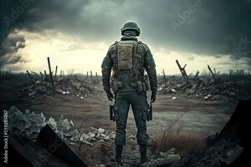 A soldier looking at a destroyed battlefield, Generative AI