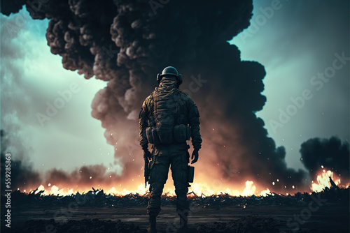 Obraz na płótnie A soldier looking at a burning battlefield, Generative AI