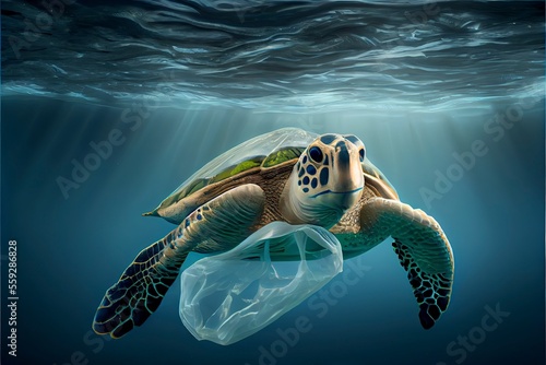 Underwater concept of global problem with plastic rubbish floating in the oceans. turtle in caption of plastic bag