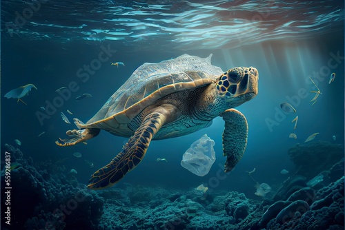 Underwater concept of global problem with plastic rubbish floating in the oceans.  turtle in caption of plastic bag © surassawadee