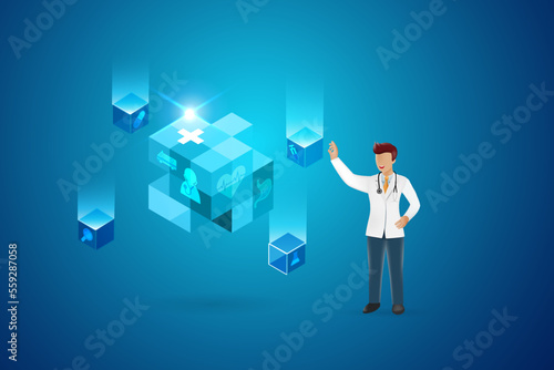 Medical cybernetics and block chain. Doctor analyzing medical big data in block chain technology system. Artificial intelligence in medical and healthcare business futuristic service. 3D vector.