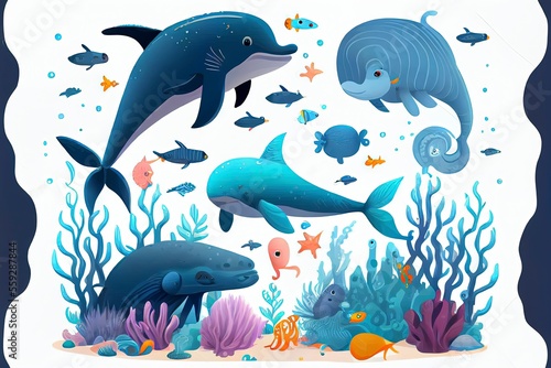 Cartoon childrens aquarium and wild sea fishes