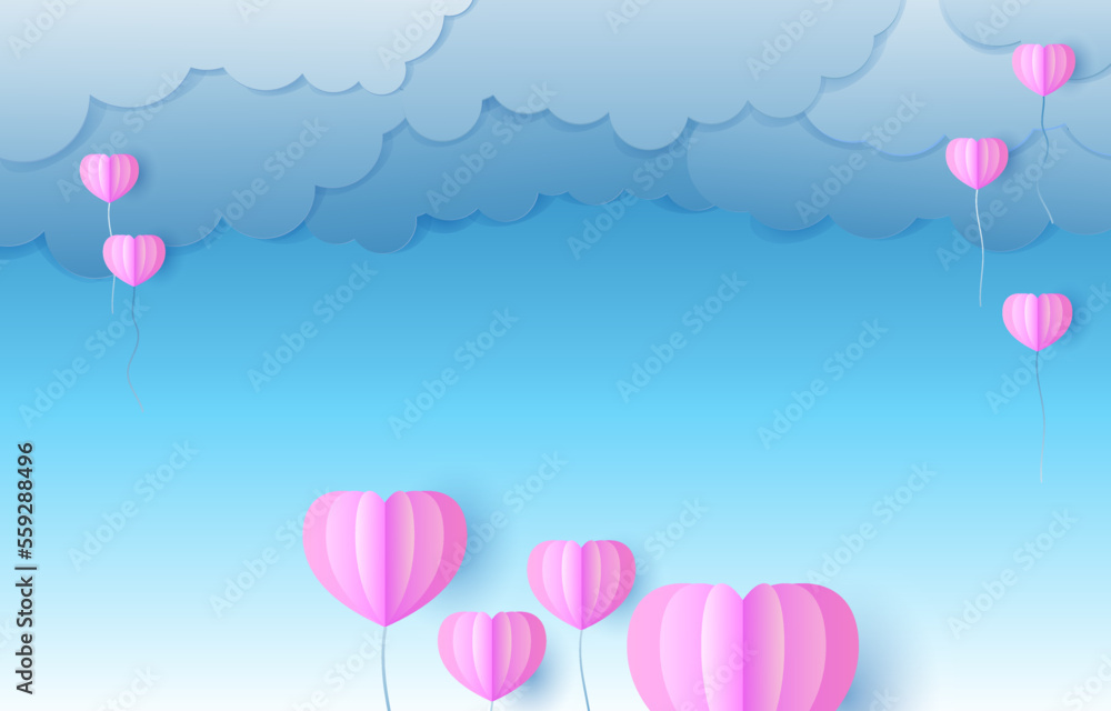 Pink Balloon Hearts blue sky paper cut clouds. Place for text. Happy Valentine's day sale header or voucher template Poster or banner