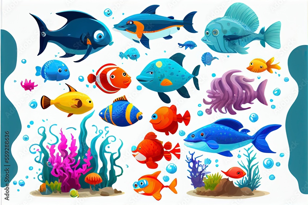 Cartoon childrens aquarium and wild sea fishes Cartoon childrens aquarium and wild sea fishes