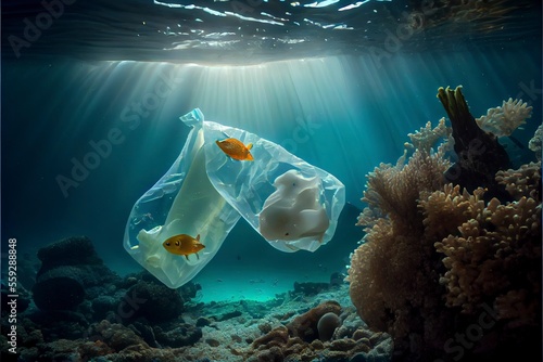 Plastic bags and bottles underwater in the ocean. Pollution problem causing damage in fish and coral reef