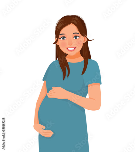 Beautiful pregnant woman touching her big belly