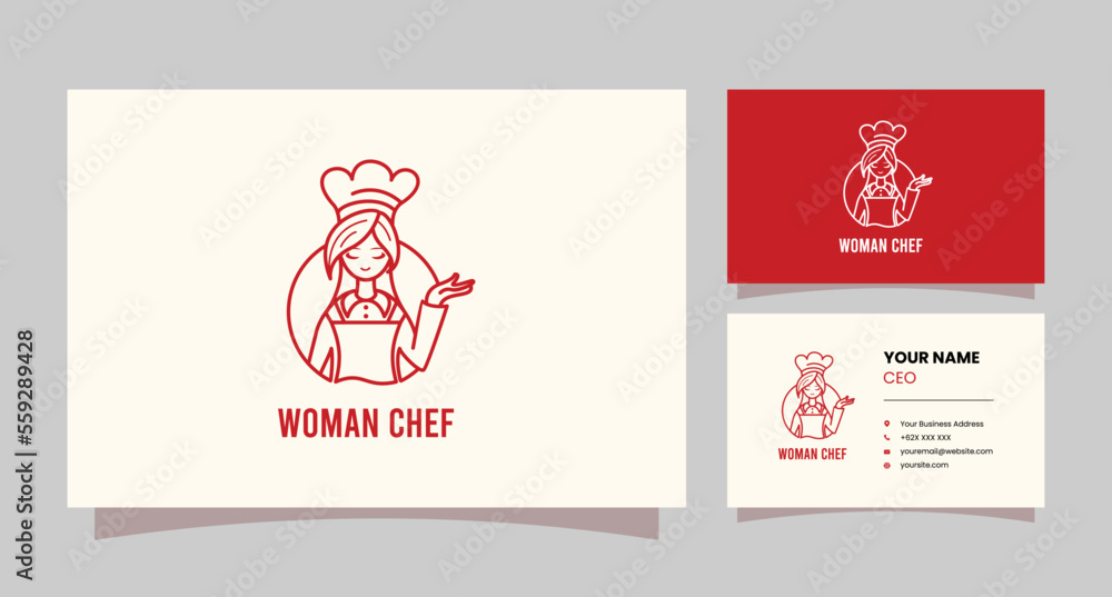 Monoline style female chef logo with business card Monoline style female chef logo with business card
