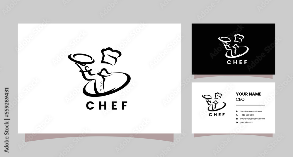 simple minimalist logo chef lifting plate with business card