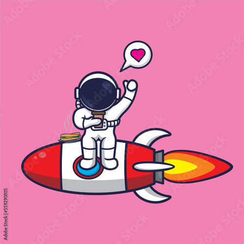 cute astronaut eating sandwich and holding coffe on the rocket,vector cartoon illustration.science and food icon conpept.suitable for background,icon,sicker,etc