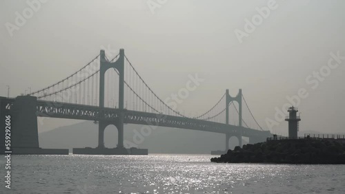 Bridge and breakwater, blurred by severe fine dust