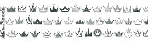 Seamless background with black doodle crowns on white background. Can be used for wallpaper, pattern fills, textile, web page background, surface textures