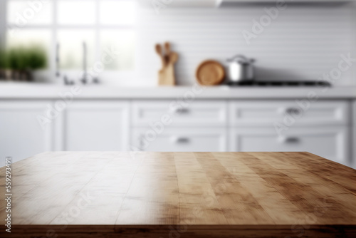 Wooden texture table top on blurred kitchen window background. For product display or design key visual layout. Generative AI