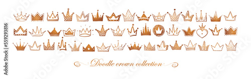 Horizontal composition with collection of glowing doodle crowns on white background. Vector sketch illustration