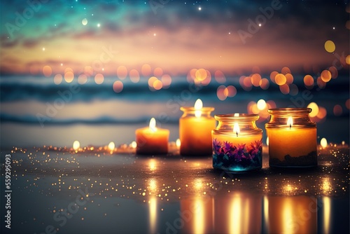 Lit candles by water with background bokeh