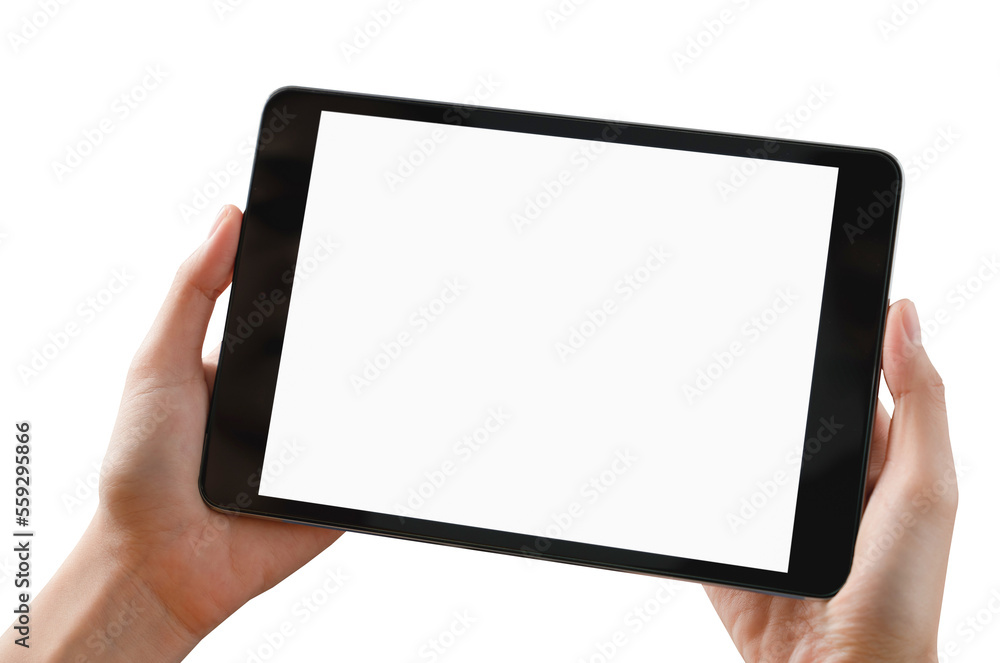 Hand holding digital tablet isolated on background. PNG format file. Hand holding digital tablet isolated on background. PNG format file.