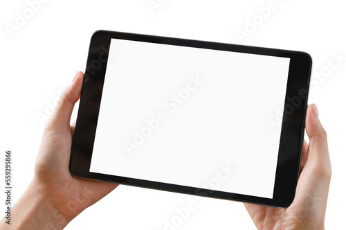 Hand holding digital tablet isolated on background. PNG format file.