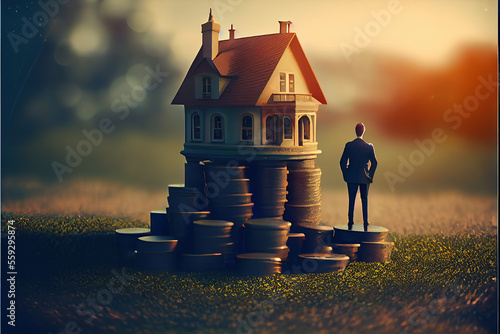 Miniature people, woman sitting on stack coins and mini house using as business and property concept 3 with Generative AI
