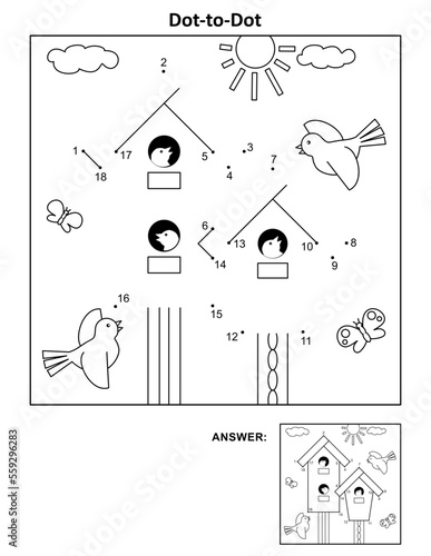Spring birdhouses and birds hidden picture puzzle and coloring page. Answer included.
